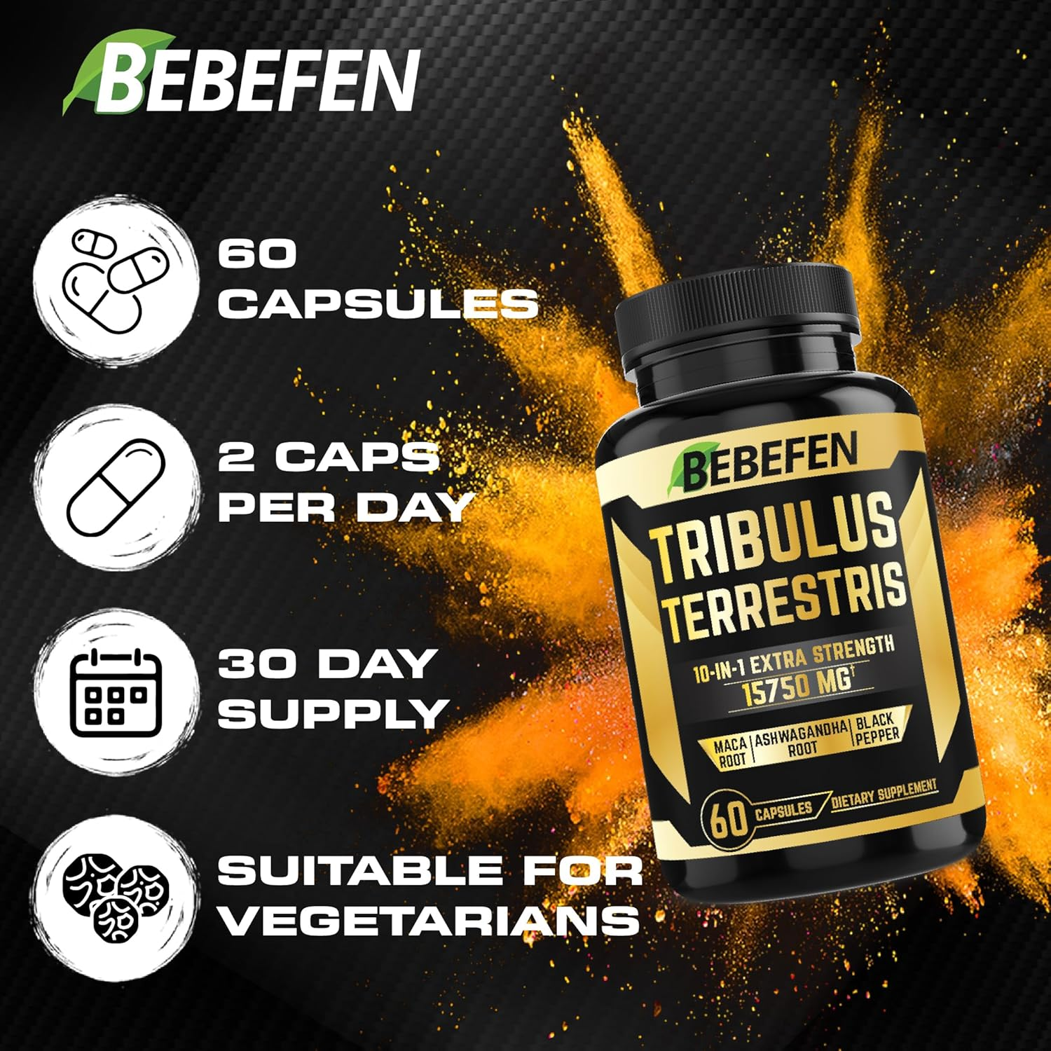 Tribulus Complex Powder Capsules - Equivalent to 15750Mg - 60 Capsules with Terrestris, Maca Root, Ashwagandha