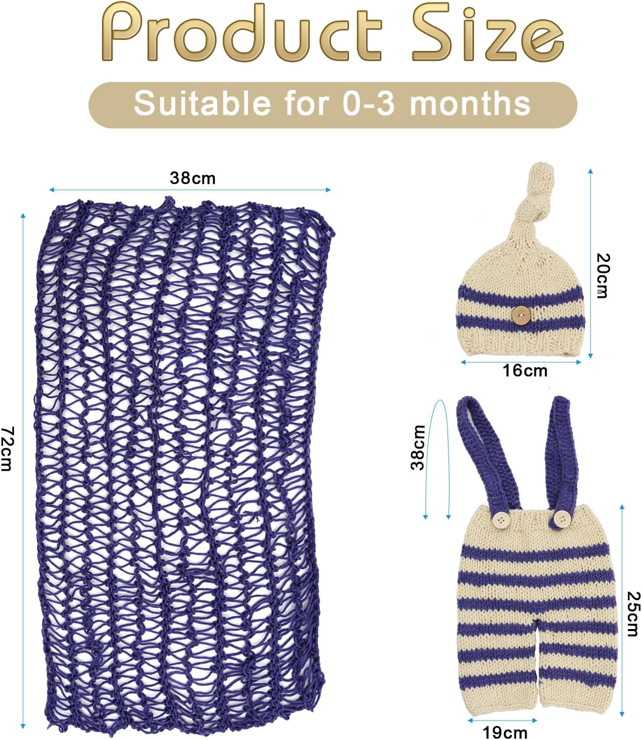 3 PCS Newborn Photography Prop Baby Hat Knitted Handmade Cover Diaper with Toddler Swaddle Blankets Wraps for Infant Boy Girl Princess Twins(0-3Months) image number 2