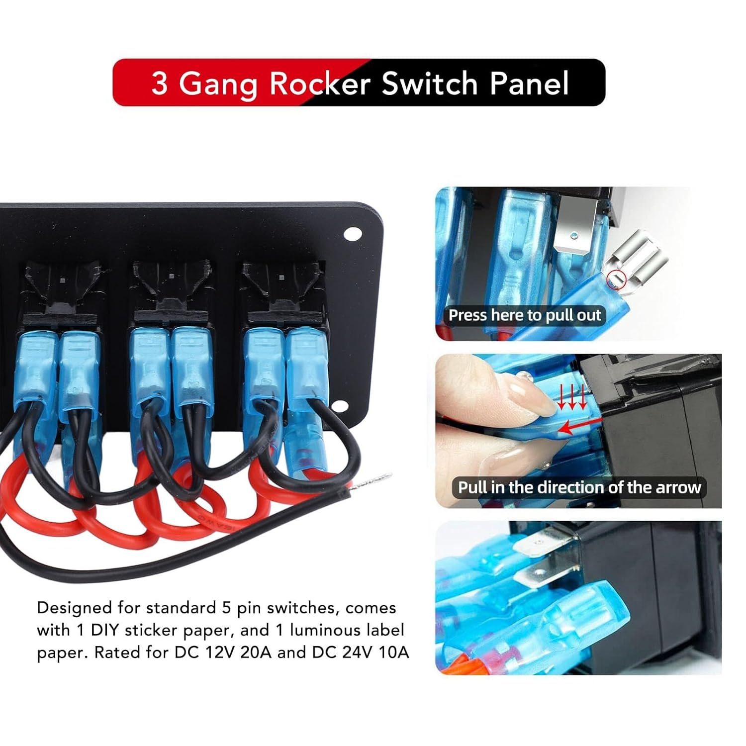3 Gang Multi-Function Rocker Switch Box, Dual USB + Digital Volmeter, 12V 24V 5 Pin On/Off Pre-Wired Rocker Switch Panel for RV Car Boat Truck Trailer (Blue Light) image number 1