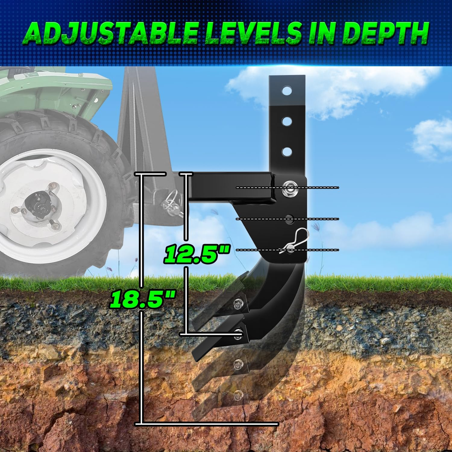 3 Point Trencher Ripper Attachment Fit 2" Receivers, Hitch Mounted Ripper for Tractor Lawn Mower ATV UTV, Adjustable Subsoiler Plow with Replacement Plough Blade in Garden Farm Bury Pipes Sow Seeds image number 5