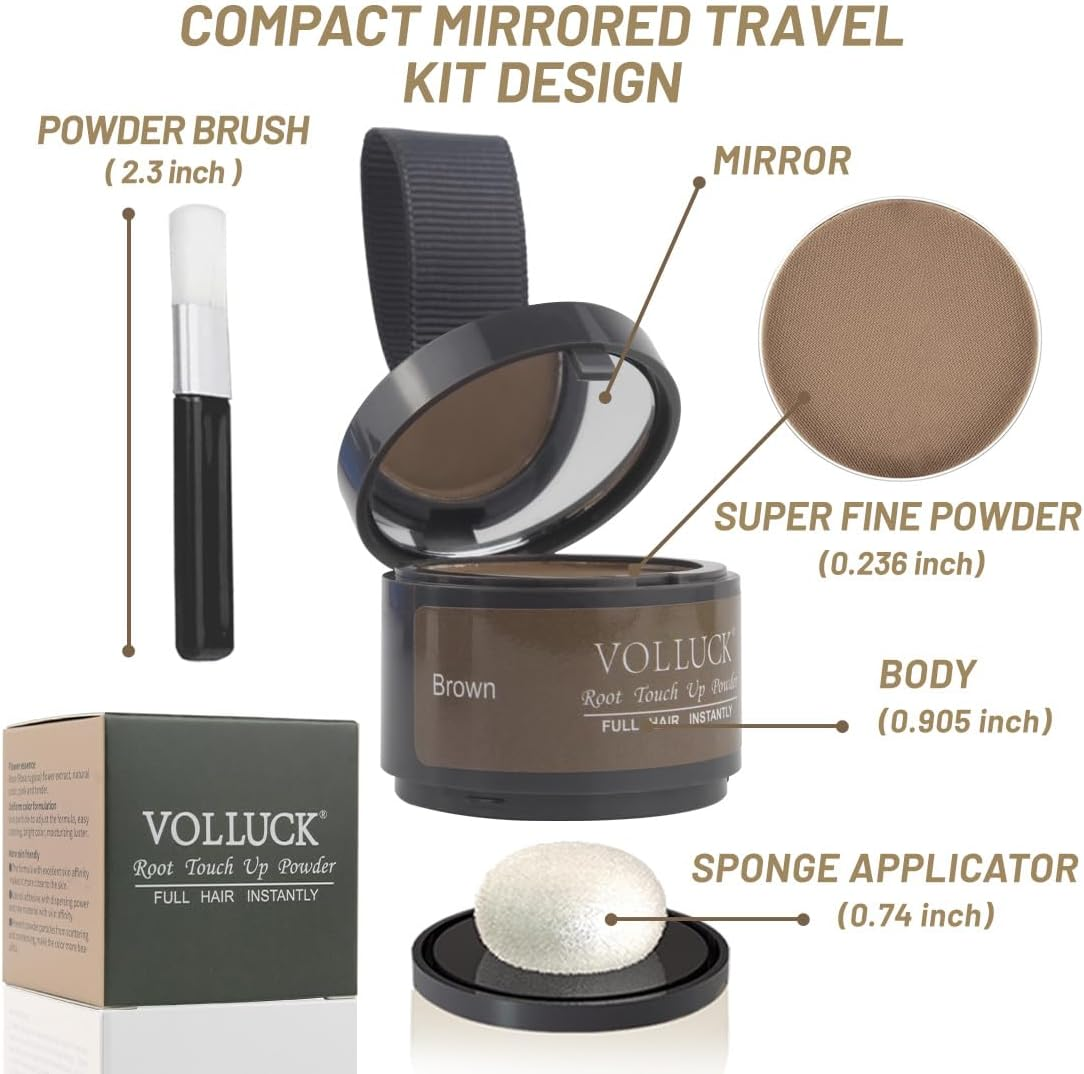 VOLLUCK Root Touch up Powder, Instant Hairline Powder for Thinning Areas and Gray Hair Coverage, Natural and Non-Greasy Root Cover up for Women and Men (Brown, 0.14 Ounce) image number 2