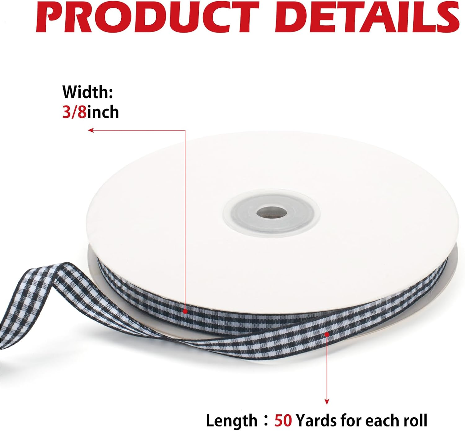Gingham Ribbon, Black and White Plaid Checkered Ribbon 3/8 Inch X 50 Yards, Black Buffalo Checker Ribbons for Gift Wrapping, Hair Bows, Picnic, Crafts, DIY Accessories image number 2