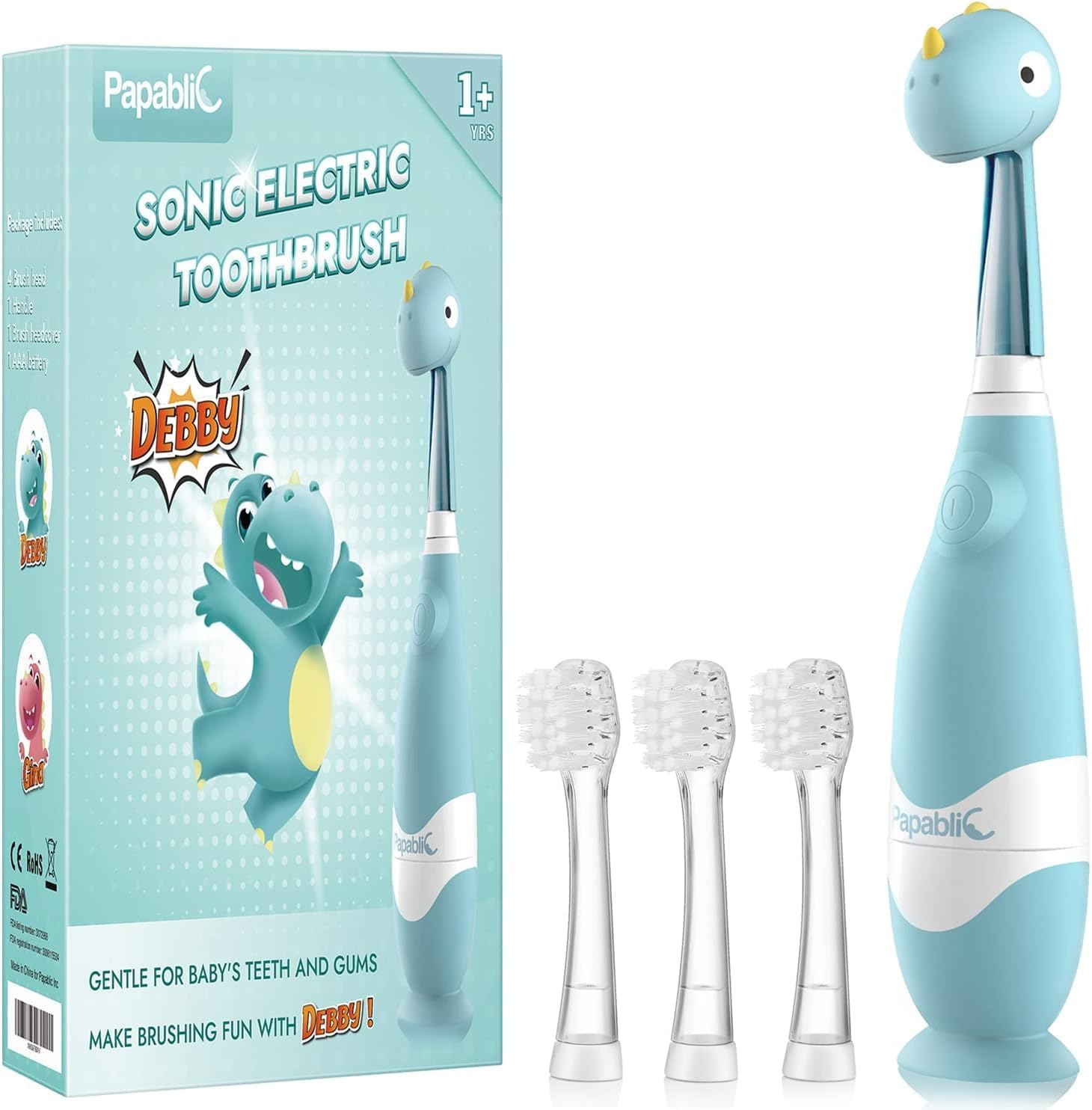 Papablic Toddler Sonic Electric Toothbrush for Ages 1-3 Years, Baby Electric Toothbrush with Cute Dino Cover and Smart LED Timer, 4 Brush Heads (Debby) image number 5