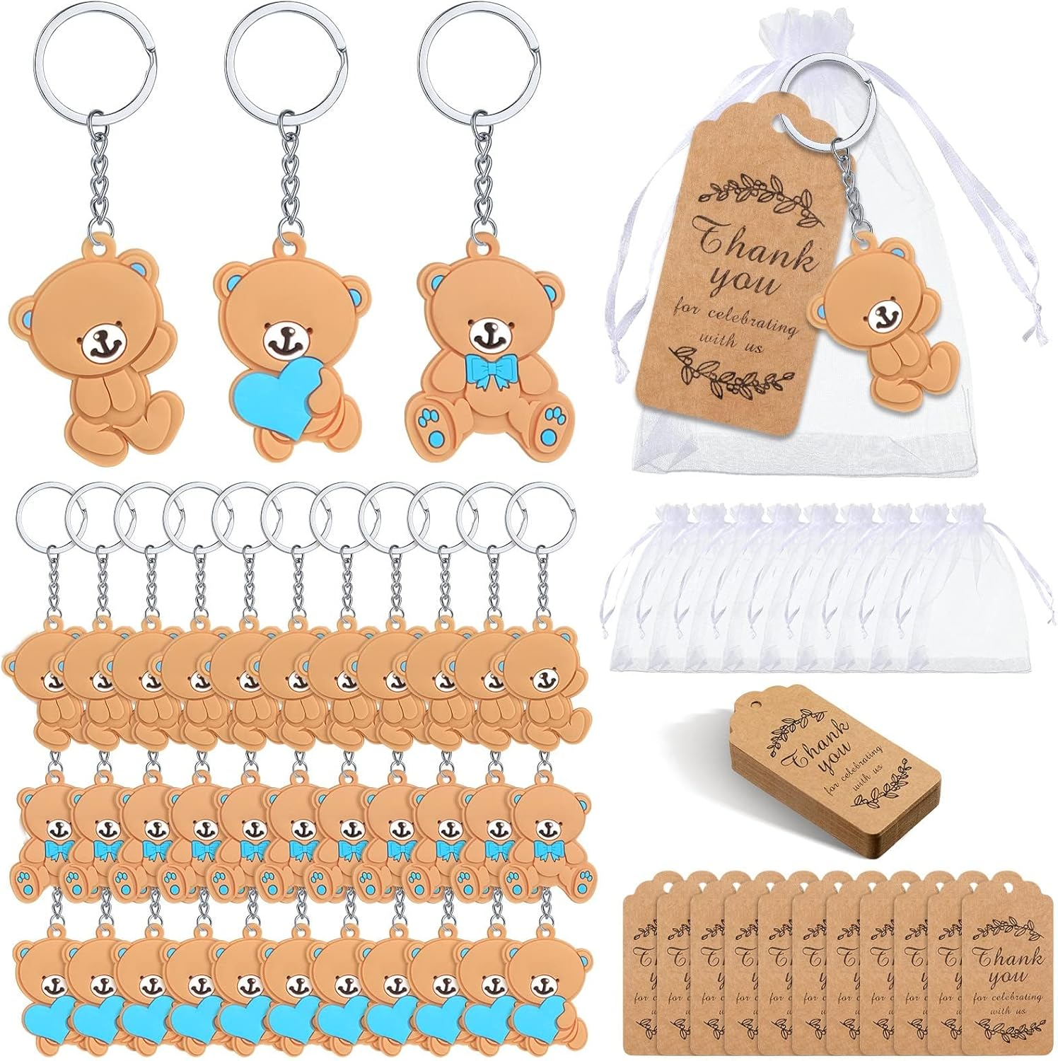 120 Pcs Bear Baby Shower Favors Bear Party Favors, Cute Keychain with Organza Bags Thank You Kraft Tags and Rope for Guests Girls Boys Birthday Party Supplies Decorations (Blue, Cute) image number 4