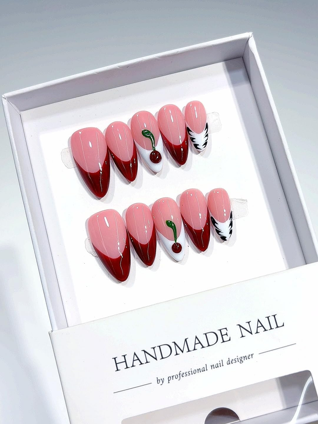 Handmade Nail Press-On Nails, Pink and Red French Tips with Cherry Design, Professional Salon Quality, 10 Piece Set (B112, Long) image number 4