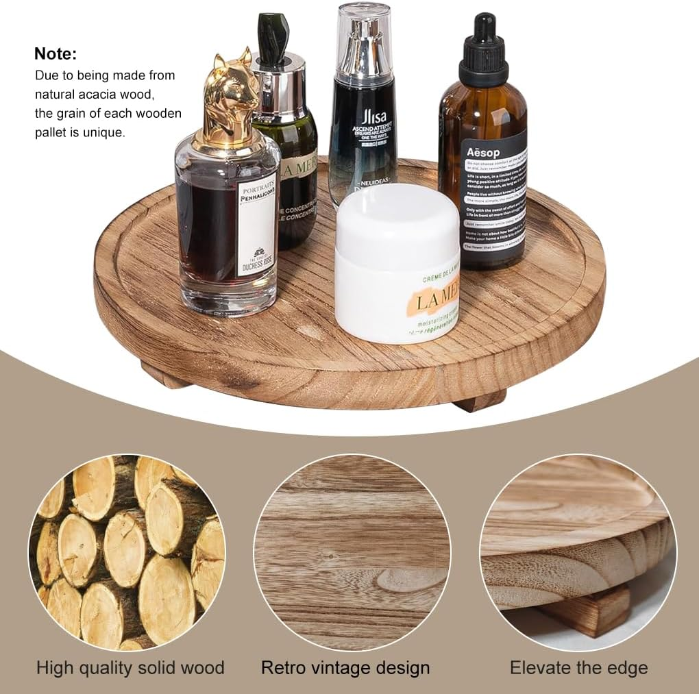 Delsol round Decorative Tray Wood Kitchen Counter Organizer,Farmhouse Bathroom Home Decor,Rustic Trays for Dinning Table Candle Holder-10Inch