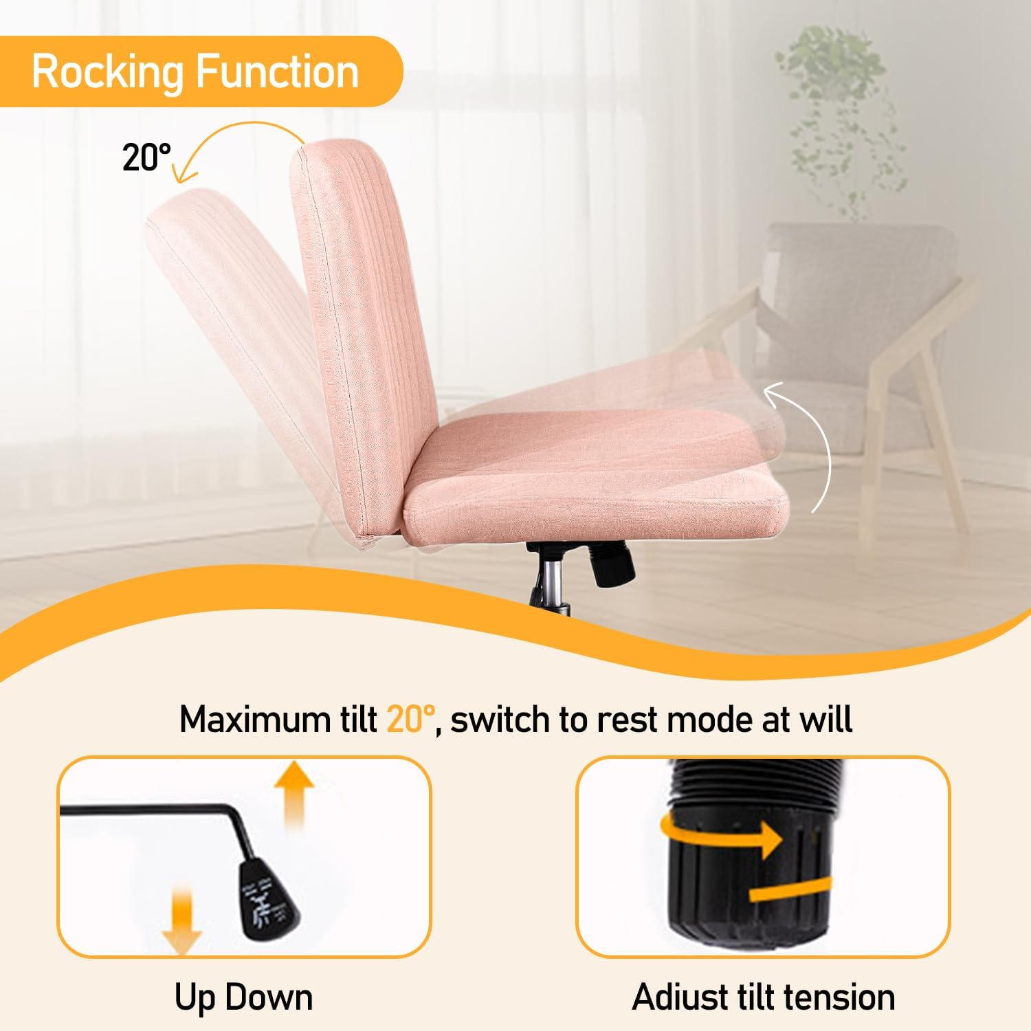 Uandhome Armless Office Chair with Wheels,Ergonomic Wide Seat Fabric Cross Legged Desk Chair, Swivel Computer Chair for Home Office, Modern Vanity Chair image number 6