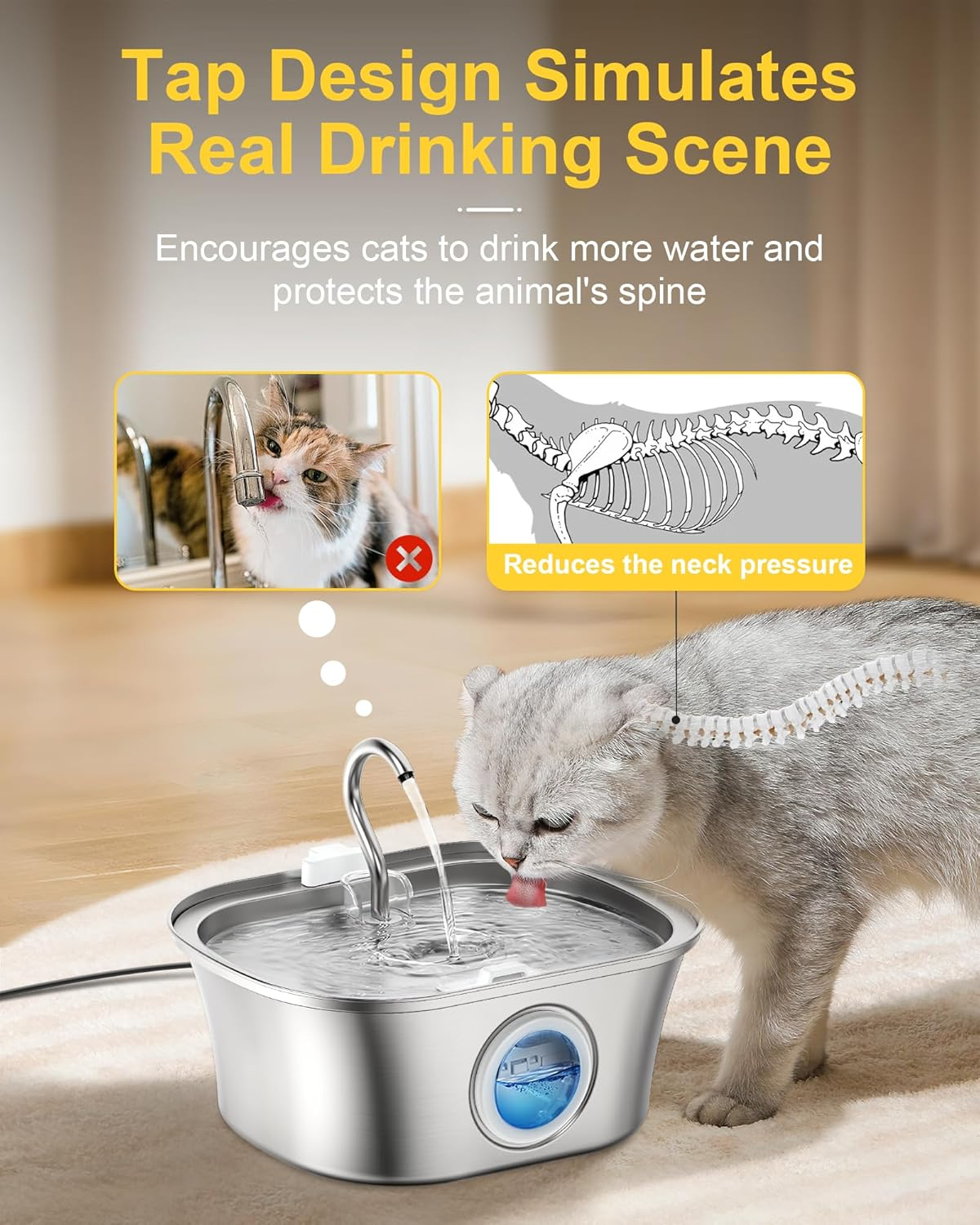 Homrich Cat Water Fountain - 3.2L Stainless Steel - Cat & Dog Water Fountain - 8 Filters & Foam Pre-Filter image number 4