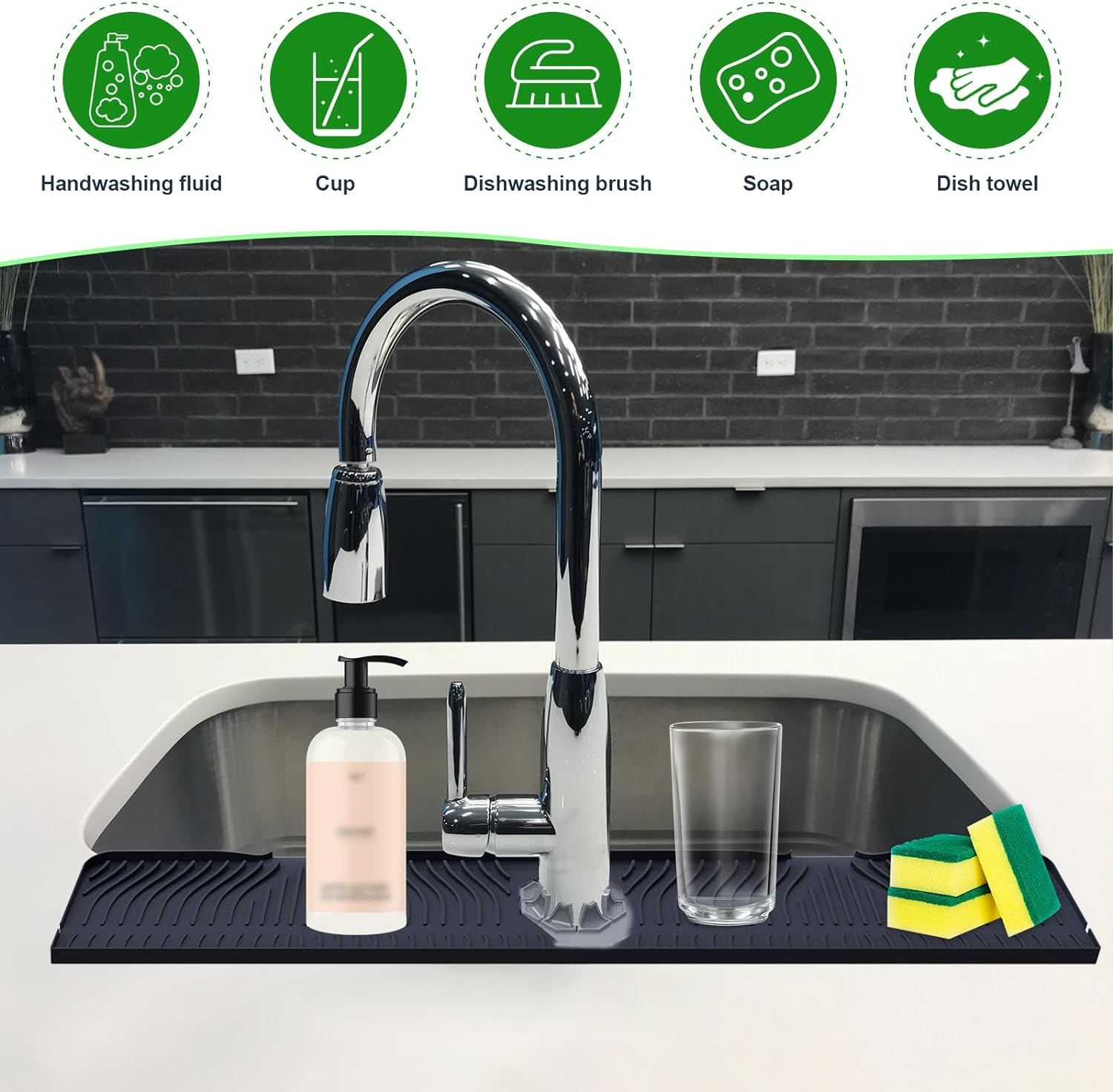 Deaunbr 33-Inch Kitchen Sink Splash Guard Mat, Silicone Material, Protects Faucet Handle, Multipurpose for Kitchen, Bathroom, Sink Sponge Holder