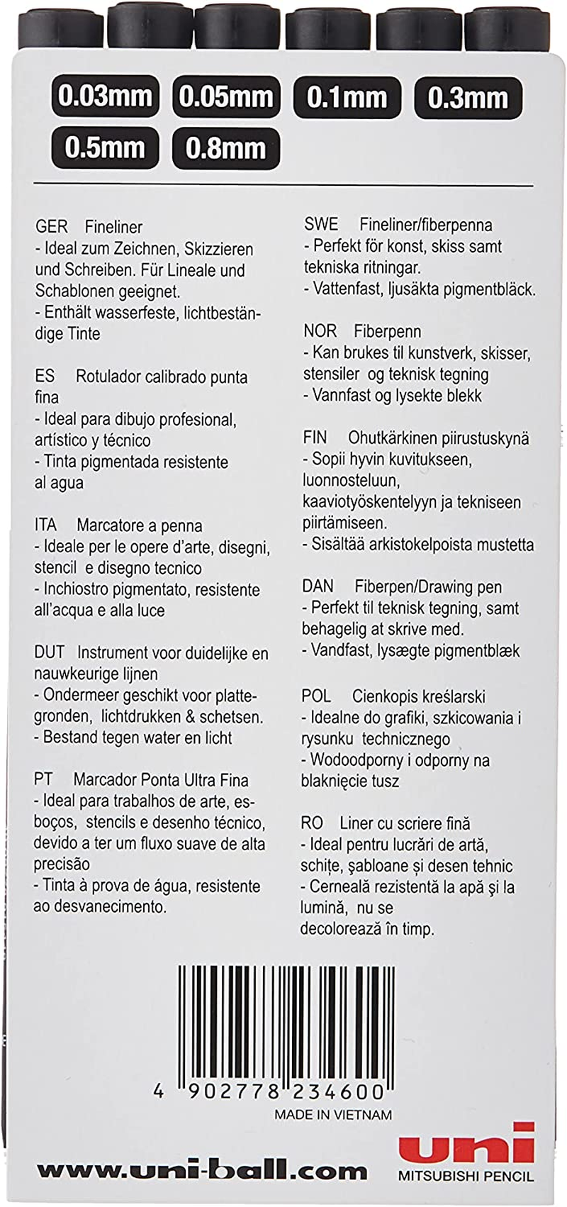 Uni Pin Fineliner Drawing Pen - Sketching Set - Black Ink - 0.03 to 0.8Mm - Set of 6