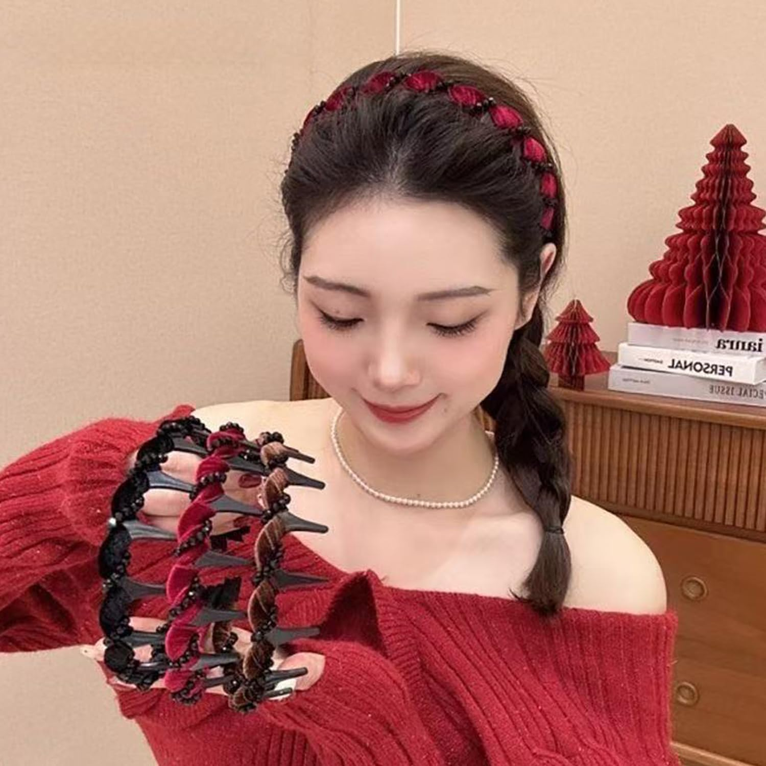 Pack of 3 Vintage High-Cranium Faux Pearl Headband Women - Zigzag Headband with Teeth, Non-Slip Headband Women & Girls, Crystal Hair Accessories, Hair Accessories Set for Wedding, Party & Everyday Use image number 1