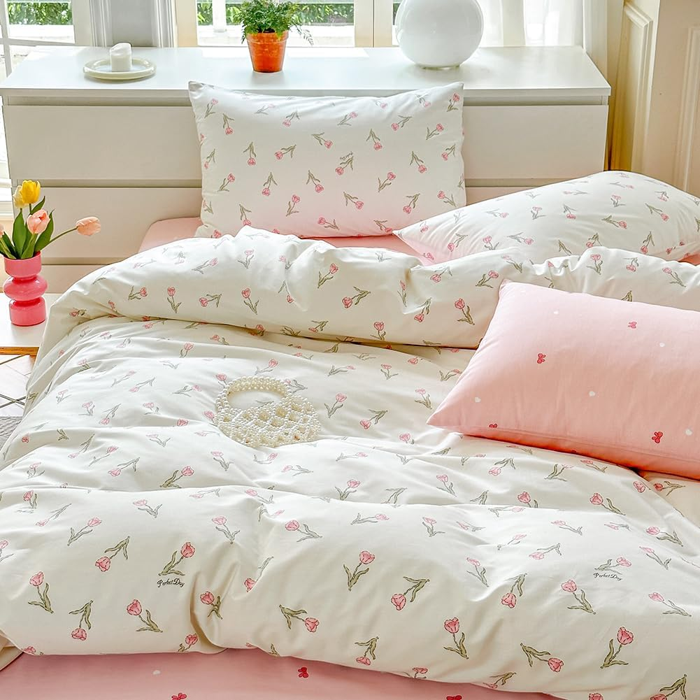 Covebett Cotton Duvet Cover Double Size White Pink Floral Flower Tulip Reversible Bedding Set 3Pcs, 1 Aesthetic Girls Quilt Cover 200X200 Cm with Zipper Closure and 2 Pillowcases 50X75 image number 5