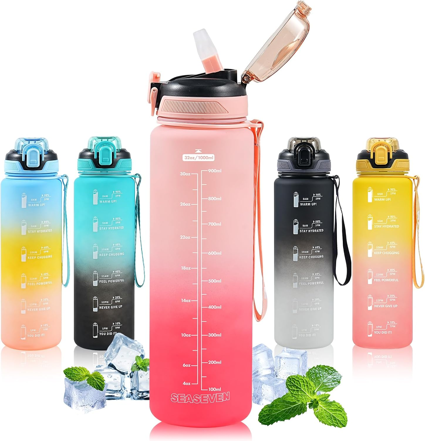 Water Bottle with Straw 1L,Boys Water Bottles with Straw 1 Litre,Waterbottle Leak-Proof Sports Water Bottle,Plastic Drinks Bottles Toxin Free，Bpa-Free (Blue-Yellow-Pink)