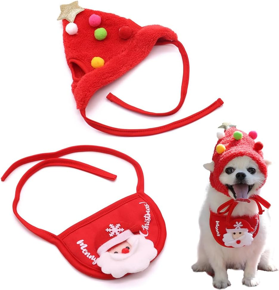 Dog Cat Christmas Day Pet Hat Collar Set, Adjustable Headpiece Hat with Star for Dog Cat Pet Christmas Party Cosplay Supplies (Red) image number 2