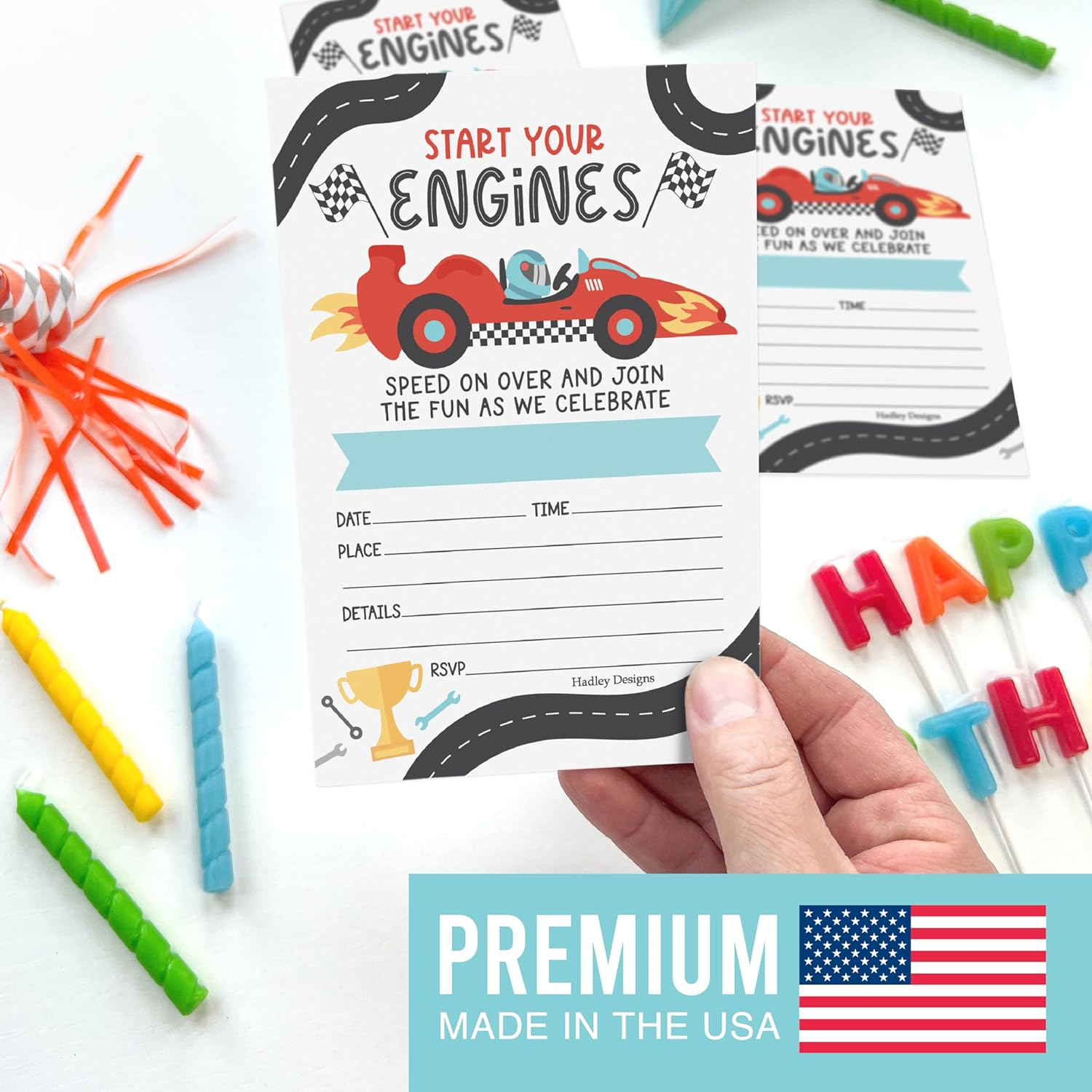 Hadley Designs Kids Birthday Invitations for Boys Race Car Theme - 15 Racing Truck Birthday Party Invitations for Boys with Envelopes, Speed on over Invites for Boy, Cute Party Supplies, Made in USA image number 2