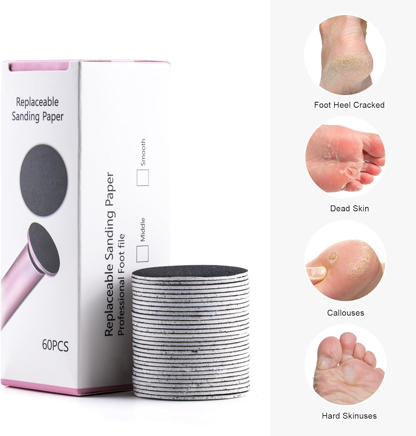 BNG Foot File for Callus Remover, Pack of 60, Foot Sandpaper, 4.2 Cm Replacement Foot Files Pads for Foot Care, Cracked Heels, Hard Dead, #180#80 Mixed image number 4