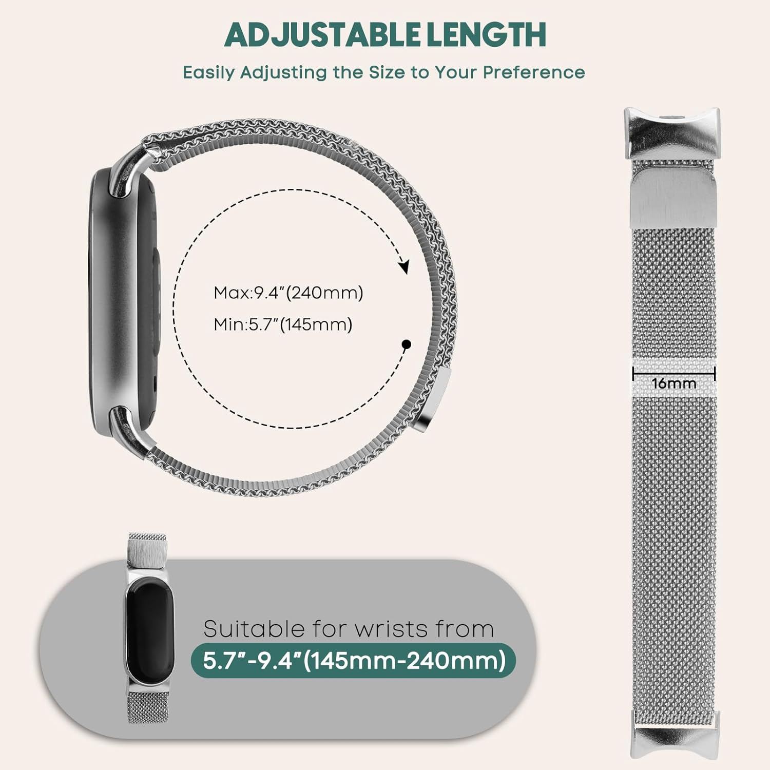 CHANRASI Pack of 2 Replacement Wristbands Compatible with Xiaomi Mi Band 9/8 Women Men Adjustable Metal Bracelets Made of Stainless Steel for Xiaomi Mi Band 9/8 Black Silver image number 5