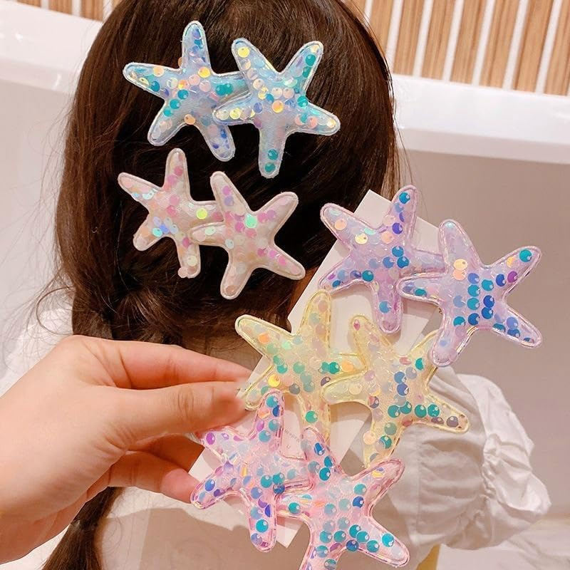 Glitter Starfish Hair Clips for Women Girls 10 Pcs Snap Seastar Clips Starfish Barrettes Sequin Mermaid Seashell Hair Accessories Sea Shell Hairpiece Mermaid Clip image number 1