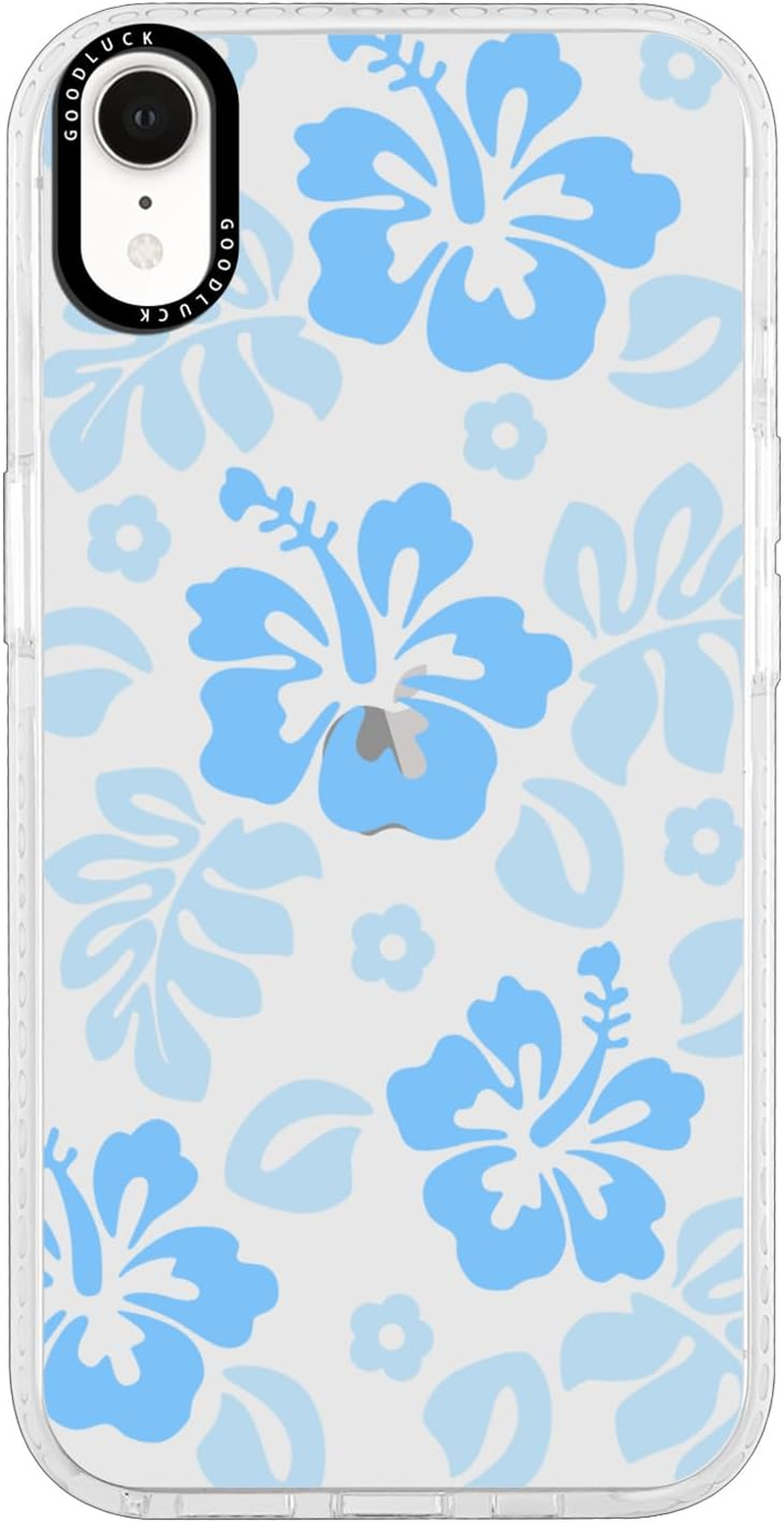 RUMDEY Clear Hibiscus Flower Case for Iphone XR 6.1", Cute Preppy Floral Crystal Pattern Aesthetic Design Soft Slim Anti-Yellow Protective Shockproof TPU Phone Cover for Women Girls - Blue image number 5