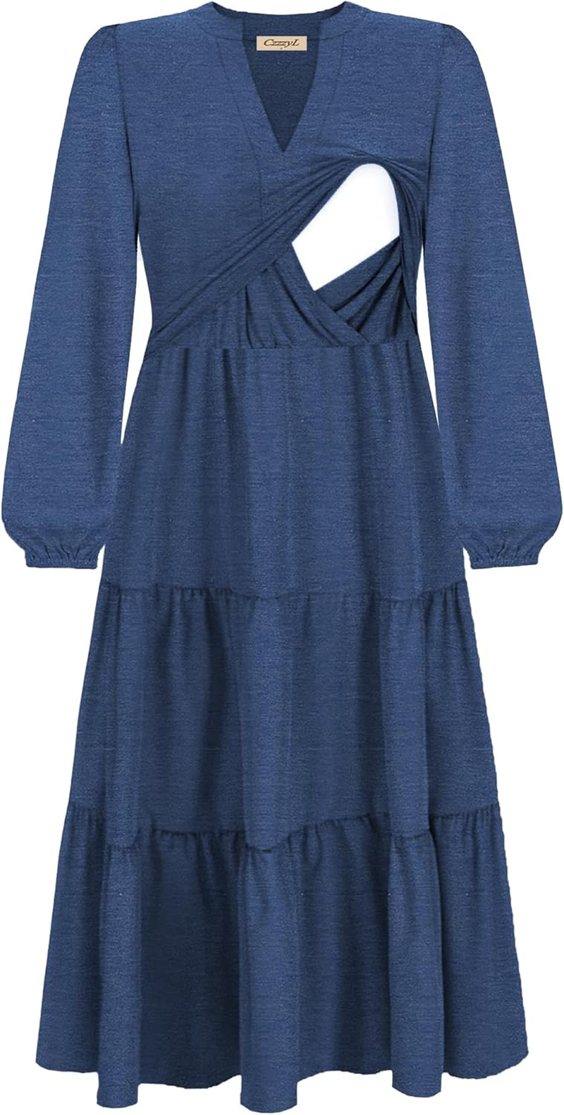 Womens Nursing Midi Dress Breastfeeding Long Sleeve V Neck Fall Fashion Tiered with Pockets image number 5