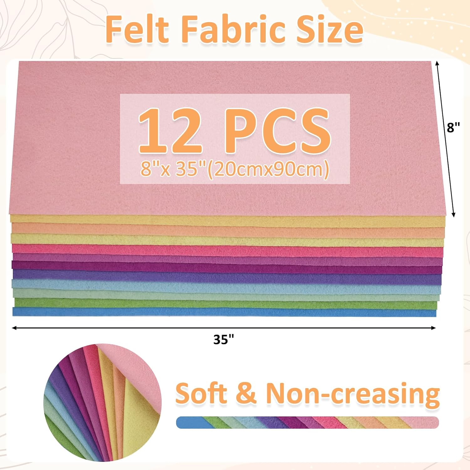 XSEINO 12 Rolls 8"X35" 1.4Mm Thick Soft Felt Fabric Sheet 12 Assorted Macarone Series Colors Felt Pack for DIY Craft Sewing Squares Nonwoven Patchwork image number 6