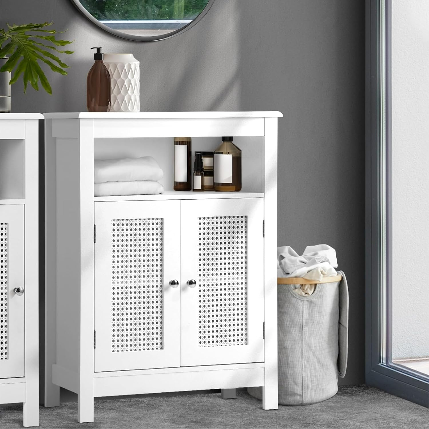 Oikiture 80Cm Bathroom Storage Cabiner with 3 Shelves and Rattan Door Hallway Sideboard Cupboard Standing Floor Buffet Side Cabinet White image number 4