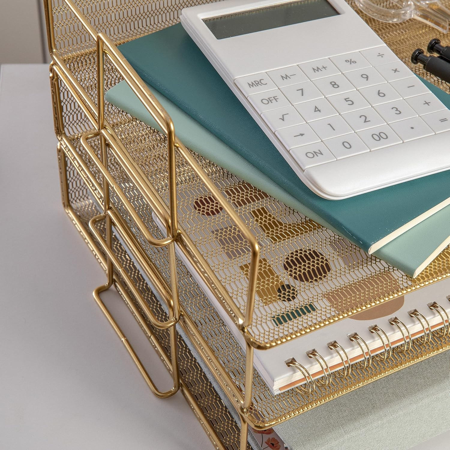 Martha Stewart Ryder 3 Tier Desk Letter Tray Organizer, Stackable Steel Mesh Inbox Tray for Files, Papers, or Letters, Gold image number 6