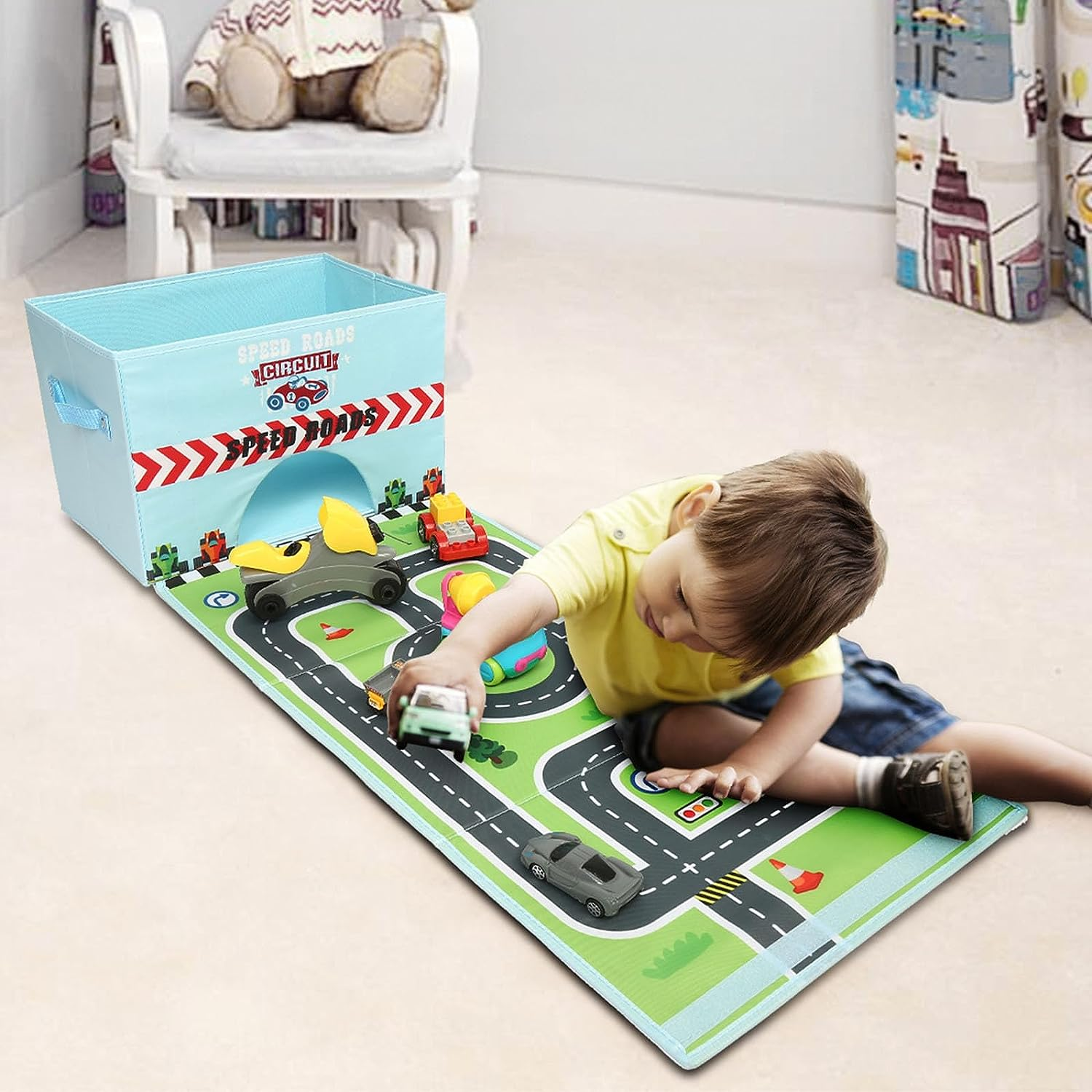 Livememory Toy Cars Storage Box Car Toys Box with Speed Roads (Not Included Cars)-Sky Blue image number 3