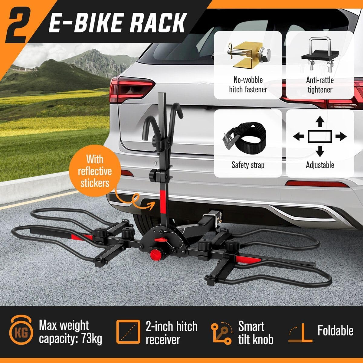AUSWAY 2 Ebike Rack Bicycle Carrier Hitch Rear Mount Platform Mountain Bike Storage Holder Foldable Stand for Vehicle Car SUV Max Lord 73KG image number 6
