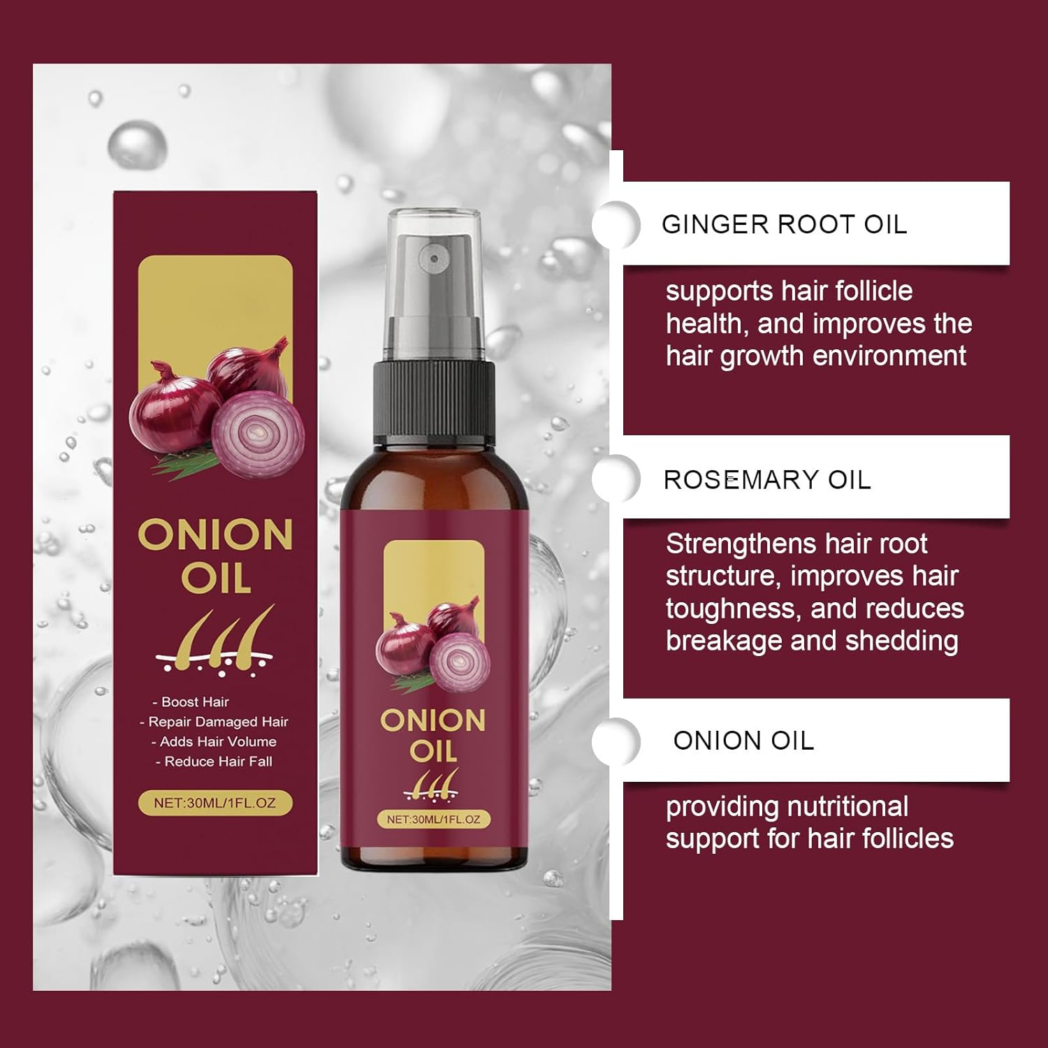 Organic Red Onion Essence Oil,Strengthening Red Onion Ha/Ir Oil,Fast Absorbing All Hair Types,Moisturizing Fast Absorbing Fors Soft,Smooth Hair for All Hair Types,For Men & Women (1 PCS) - 1 Pcs image number 2