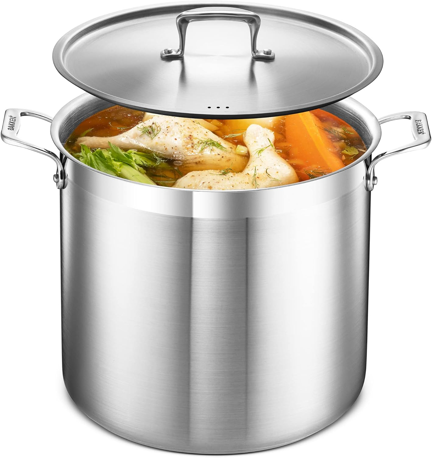Stockpot &ndash; 20 Quart &ndash; Brushed Stainless Steel &ndash; Heavy Duty Induction Pot with Lid and Riveted Handles &ndash; for Soup, Seafood, Stock, Canning and for Catering for Large Groups and Events by BAKKEN image number 4