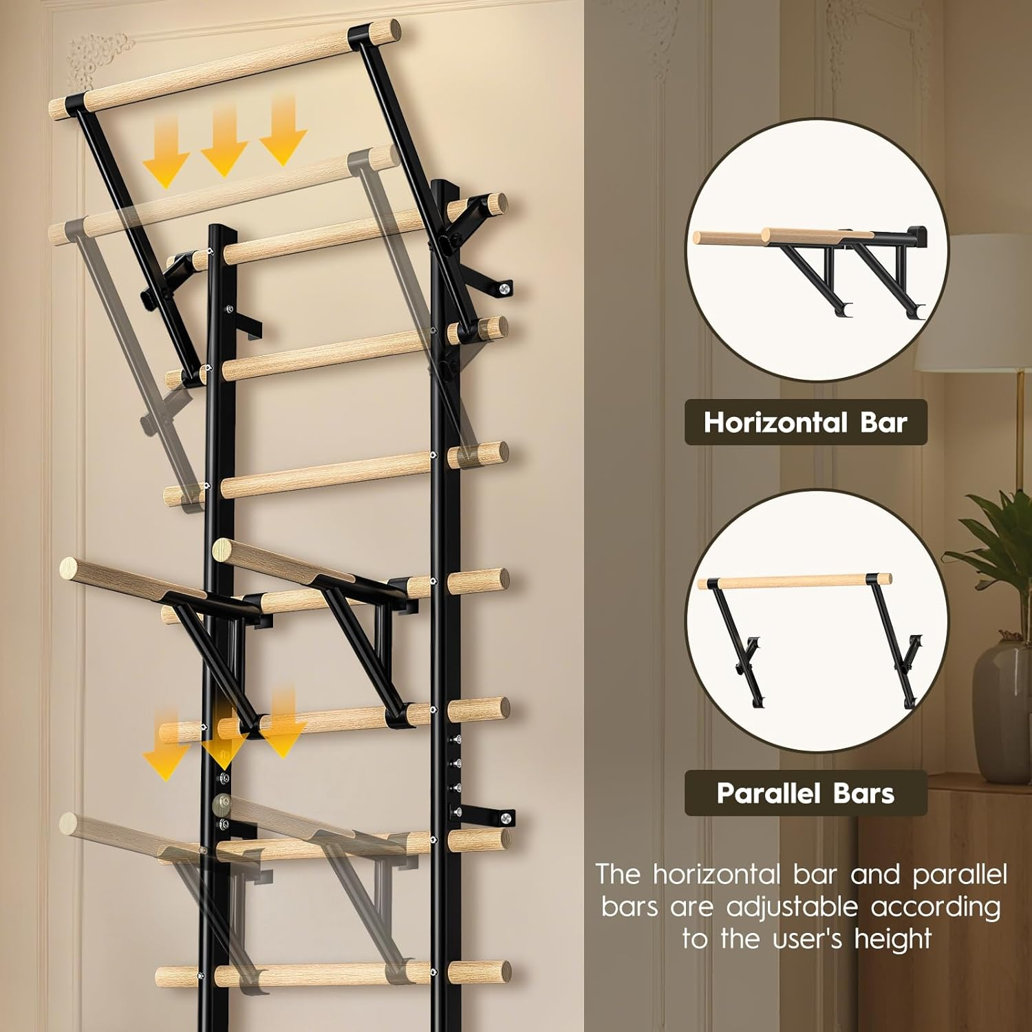 Wall-Mounted Climbing Frame with Pull-Up Bar & Dip Bars &ndash; 220 Cm Home Fitness Jungle Gym Made of Beechwood &ndash; Max. Load Capacity 250 Kg &ndash; for Strength Training, Calisthenics & Rehabilitation image number 3