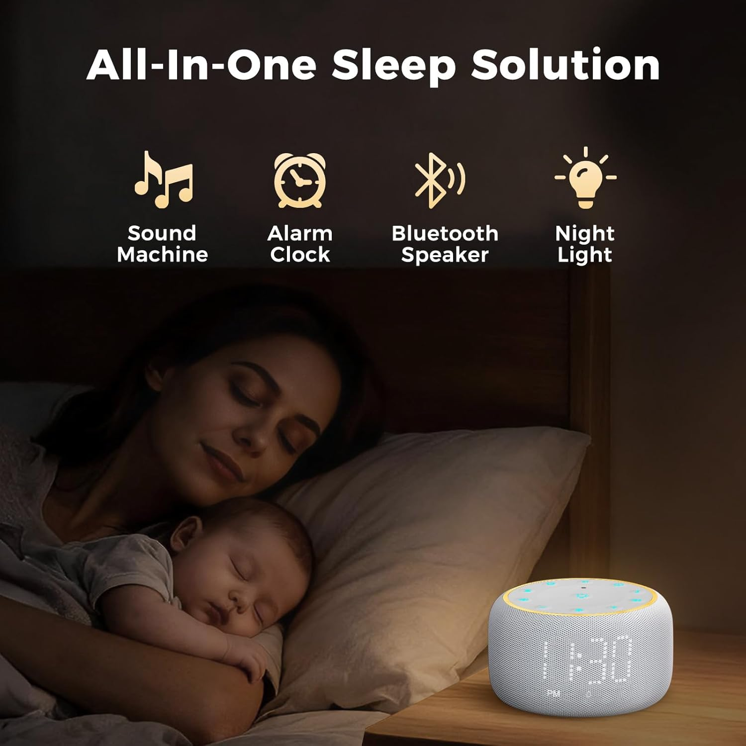 White Noise Machine Alarm Clock: Auto-Dimmable Clock for Bedrooms - 5W Stereo Bluetooth Speaker - Sound Machine with 24 Sleep Sounds for Adults Kids White - Pink image number 5