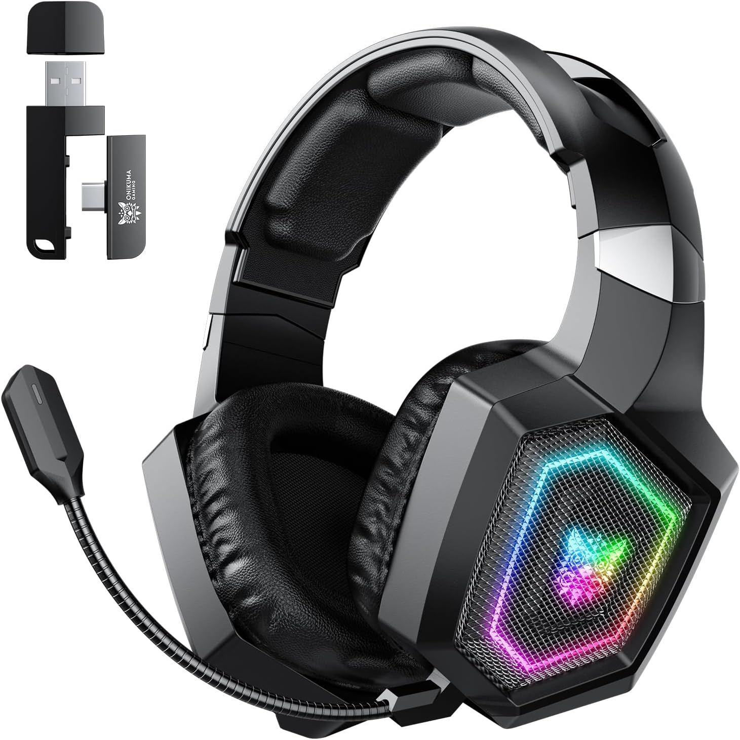 2.4Ghz Wireless Gaming Headset for PC, Ps4, Ps5, USB & Type-C Gaming Headphones with Detachable Microphone, Bluetooth 5.4 over Ear Gamer Headset Compatible for Switch, Laptop, Mobile, Mac, RGB Light