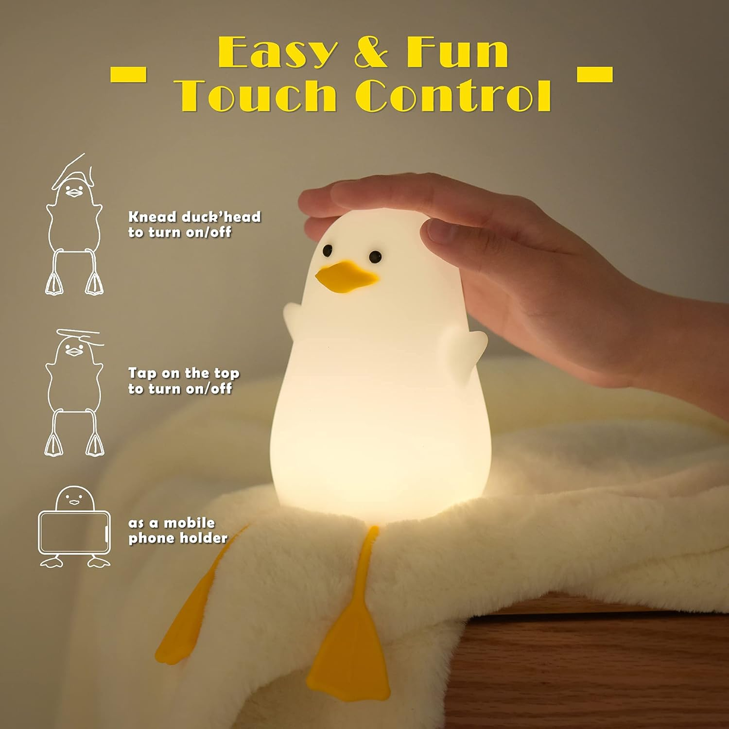 Lampeez Duck Night Light, Cute Silicone Seagull Lamp for Kids, Soft Silicone Kids Nursery Nightlight USB Rechargeable LED Touch Lamp Baby Bedroom Decor as Xmas Holiday Birthday Gifts for Boys Girls image number 4