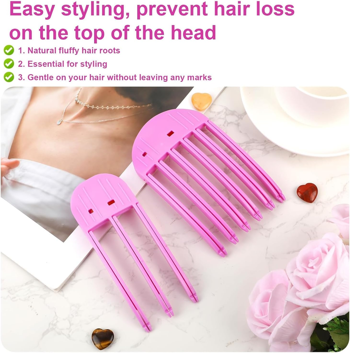 2Pcs Wind Shaping Styling Comb, Instant Hair Root Lifting Clips,Volumizing Hair Root Lifting Combs Set,Wind Shaping Styling Comb for Fluffy Bangs,High Skull Artifact No Trace Hair Clip (Rose Red)