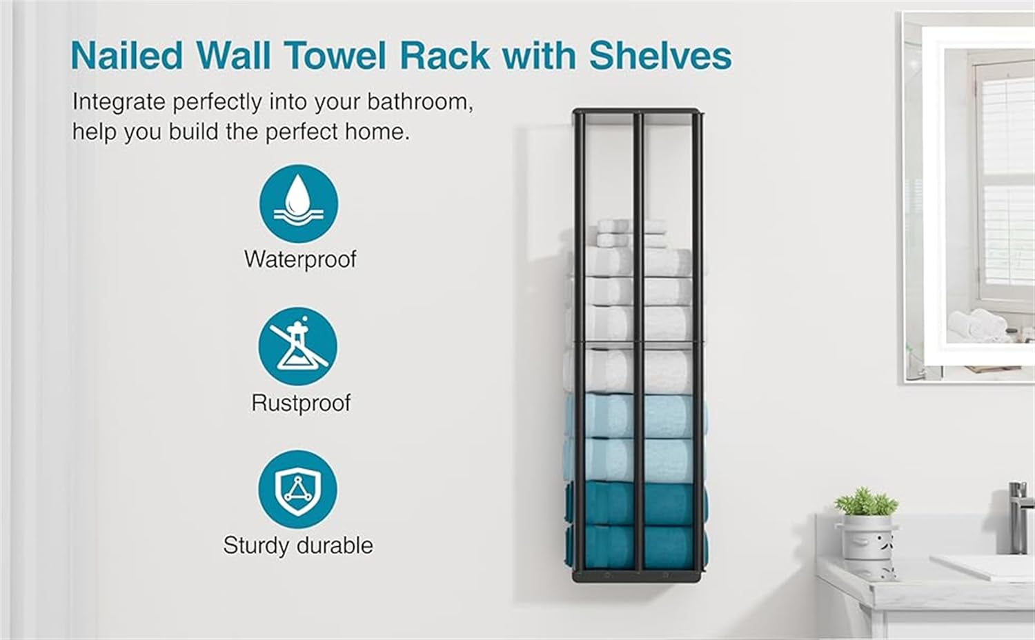 Wall Mounted Towel Rack for Bathroom, Metal Organizer, Bath Towel Holder for Modern Small Space Storage image number 3
