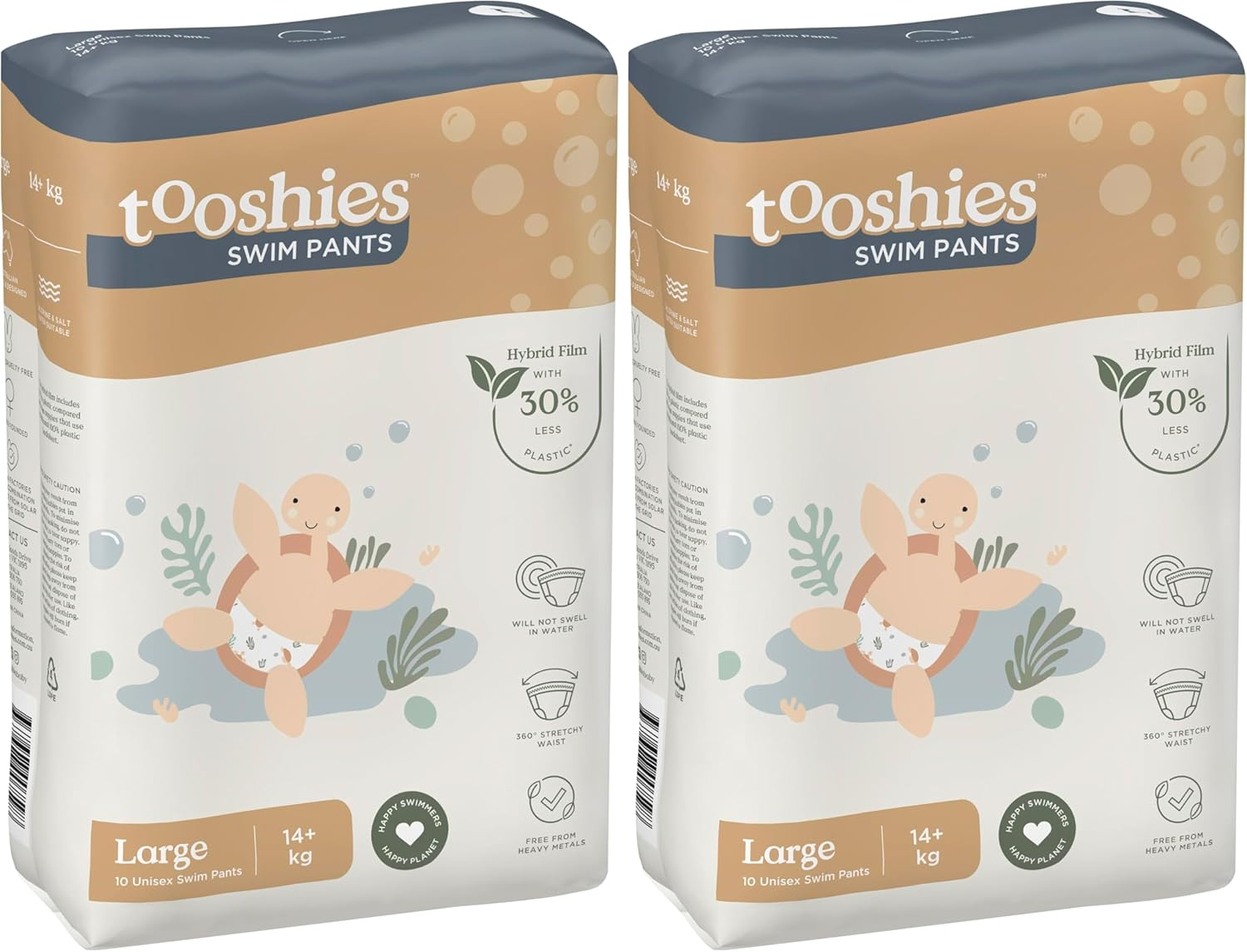 Tooshies | Swim Pants | Size Large 14+ Kgs | Hybrid Film with 30% Less Plastic | No Swell | Pull up and Tear off | Turtle Print | Unisex | 10Pk (Pack of 2) image number 1