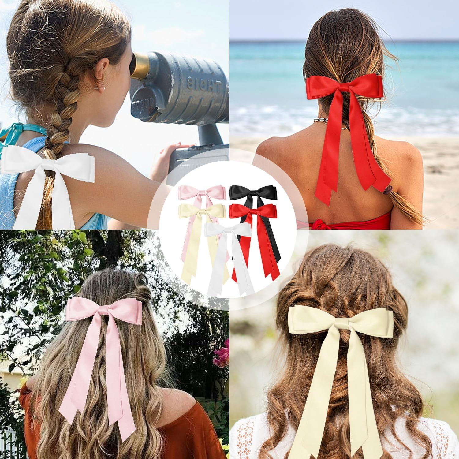 SYEYCW 5 Pcs Hair Bows for Girls Women, Ribbon Bows for Hair, Metal Ponytail Clips, Ribbon Ponytail Holder Accessories, for Daily Wear, Parties and Celebrations, Black, Red, Pink, Beige, White image number 5