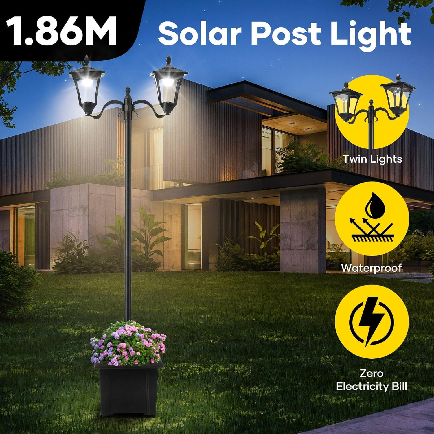 OGL 186Cm Solar Led Light Post Planter Outdoor Street Garden Security Pole Lamp Driveway Pathway Patio Yard Lantern Double Lights image number 1