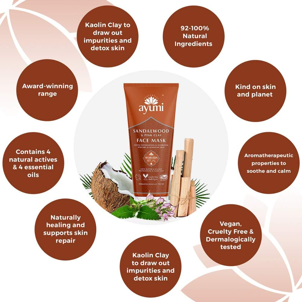 Ayumi Sandalwood & Pink Clay Face Mask. Vegan, Cruelty-Free, Dermatologically-Tested, 3 X 100Ml image number 1