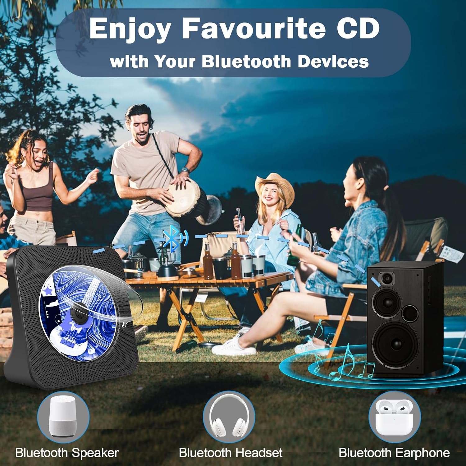TODANGAI Rechargeable Portable CD Player, Bluetooth CD Players with 4000Mah Battery, Home Desktop Music Players with Remote Control, Supports Bluetooth, FM Radio, U Stick, AUX, Timer, Remote Control image number 1