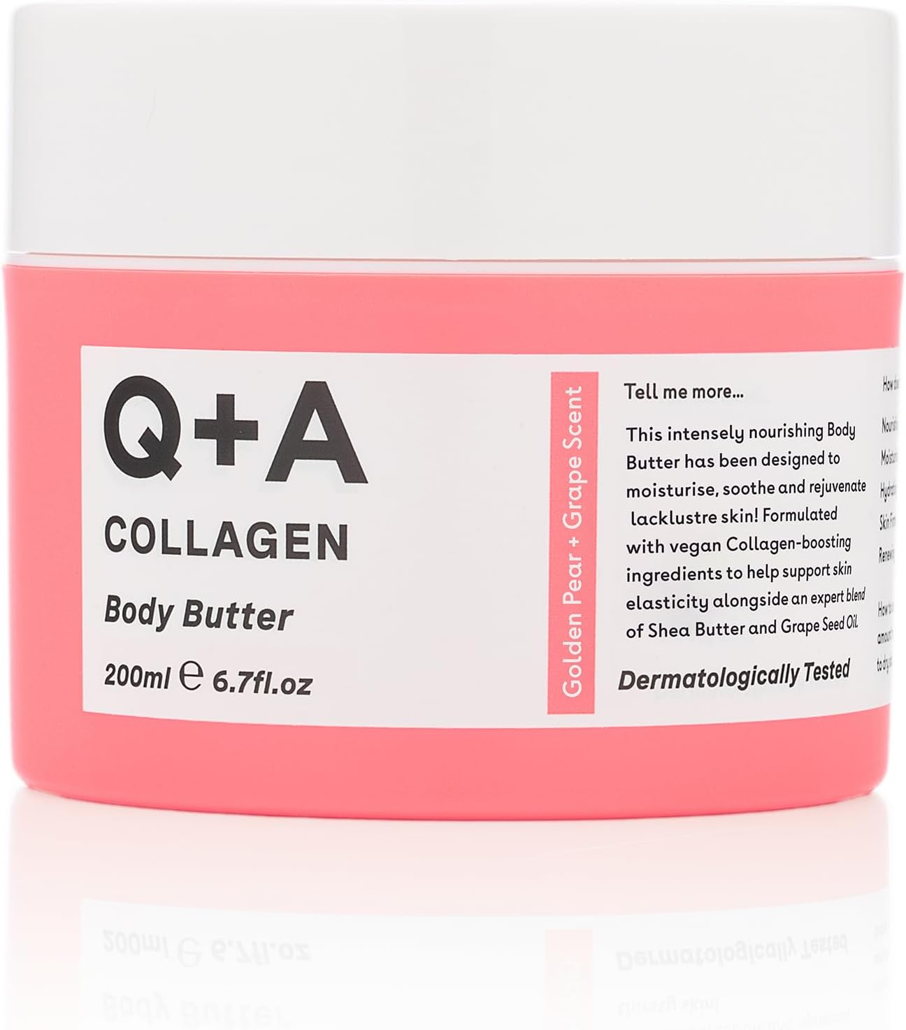 Q+A Collagen Body Butter: Luxuriously Rich, Intensely Moisturising Vegan Formula with Hydrolysed Vegetable Protein, Shea Butter, Squalane, and Golden Pear and Grape Scent for Soft, Supple Skin, 200Ml image number 2