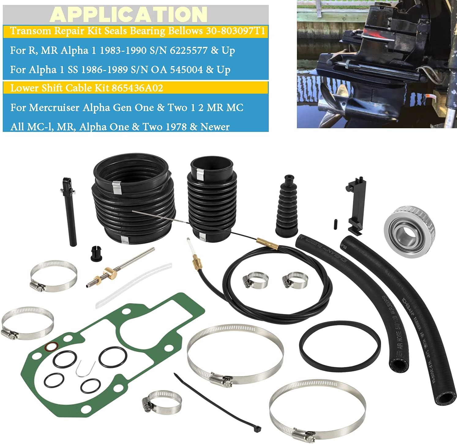 Transom Seal Repair Kit with Lower Shift Cable Replacement Kit 30-803097T1,865436A02 for Mercruiser R, MR, Alpha One Gen 1 1983-1990 Sterndrives. image number 1