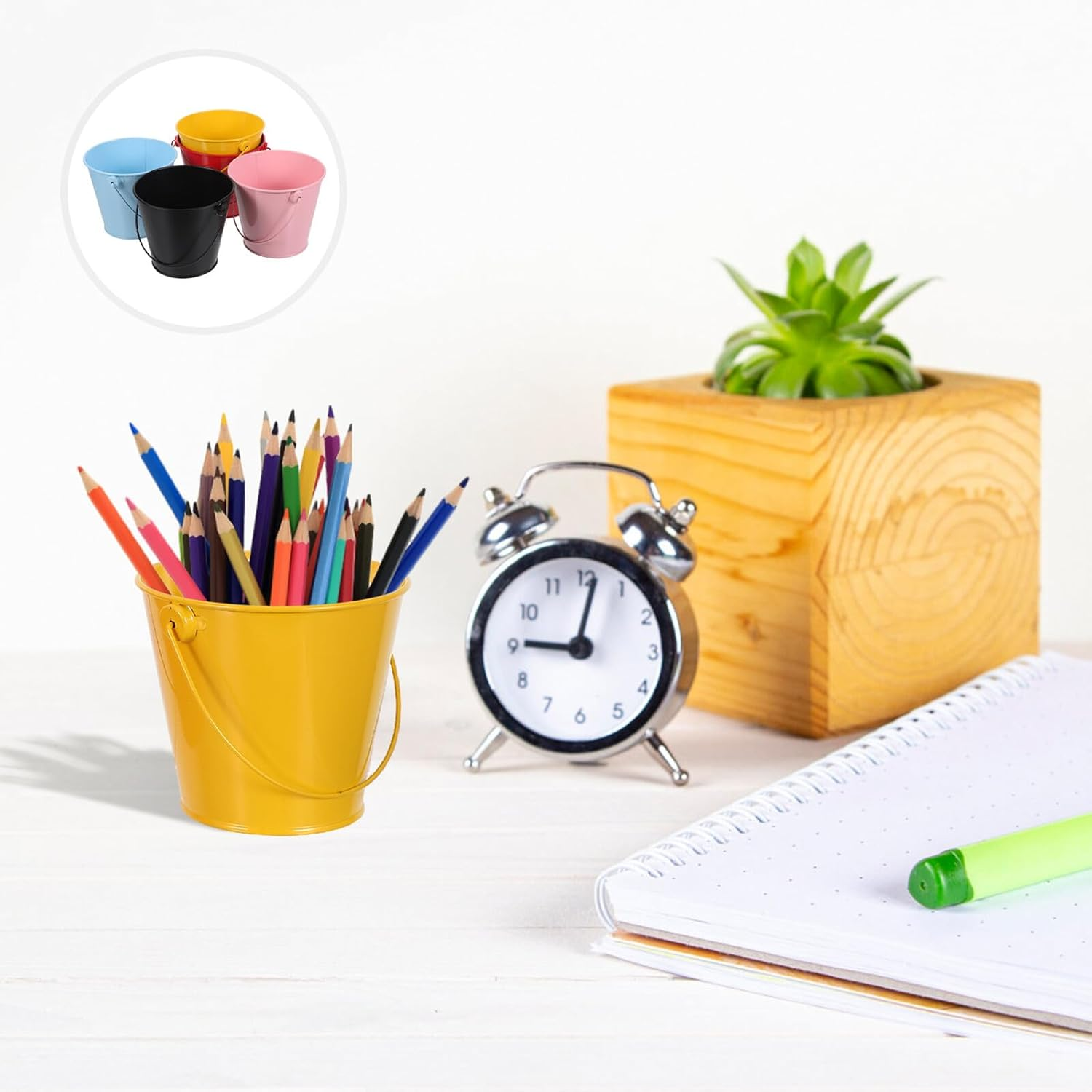 NAMOARLY 5Pcs Iron Pencil Holder Bucket Set Handle Metal Pen Cups for Desk Organization, Classroom Storage, Office Management, Desktop Decoration in Pink, Yellow, Red, Light Blue, and Black image number 2