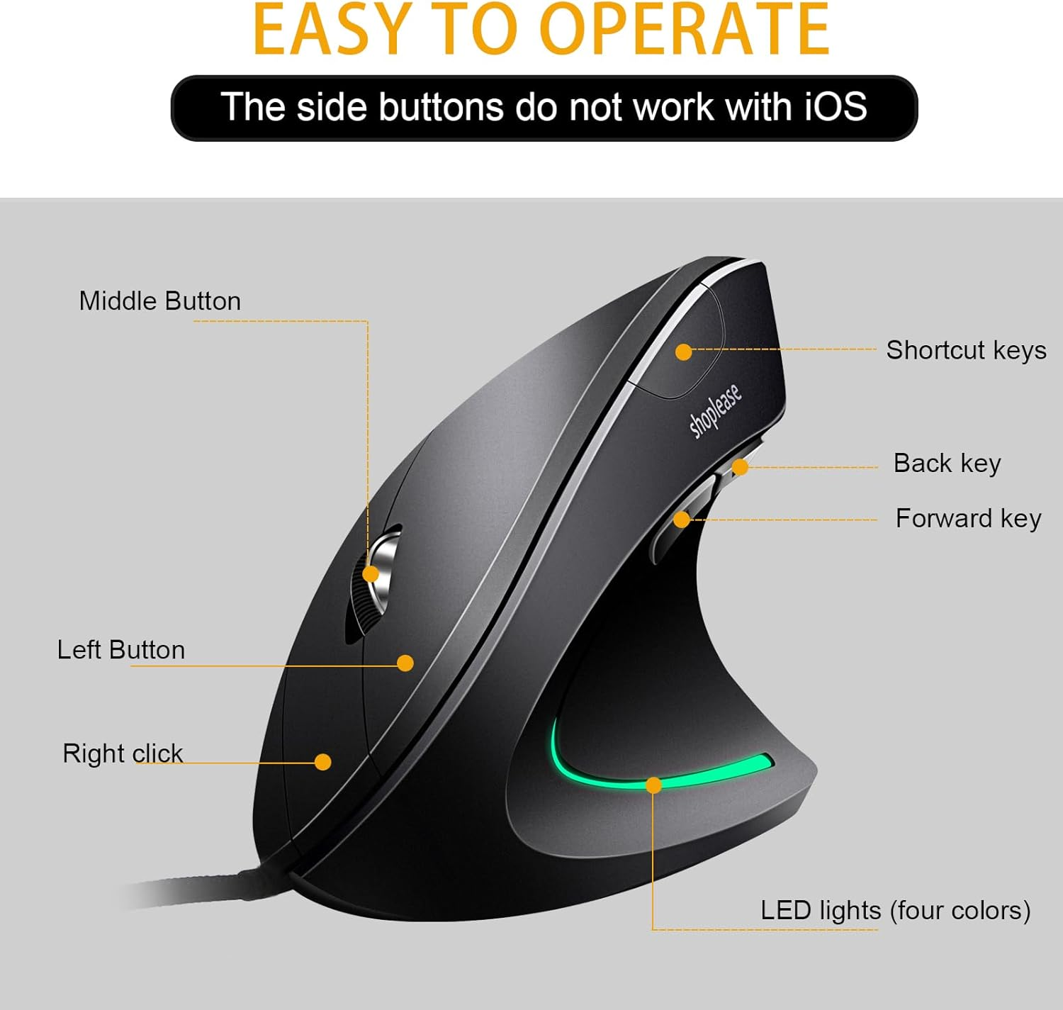 Shoplease Wired Vertical Mouse, Optical Ergonomic Mouse with 4 Adjustable DPI 800/1200/2000/3200, 5 Buttons USB Computer Mouse, Better for Large and Medium Sized Hands image number 2