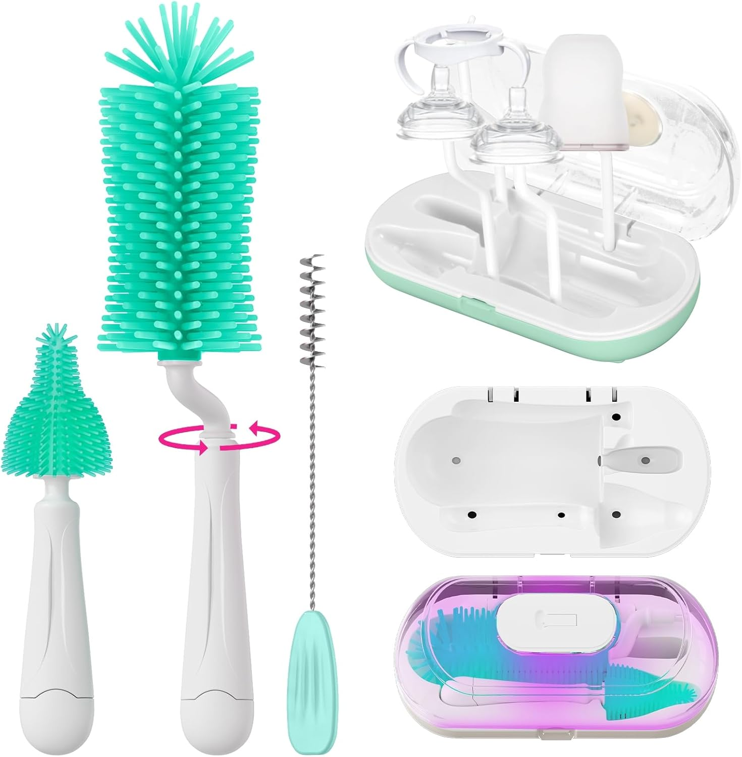 Baby Bottle Brush Set,Travel Bottle Cleaner Kit with UV Light,Silicone Bottle Brush,Nipple Brush,Straw Cleaner,Drying Rack,Baby Bottle Brushes for Cleaning,Baby Essentials for Home and Travel,Orange