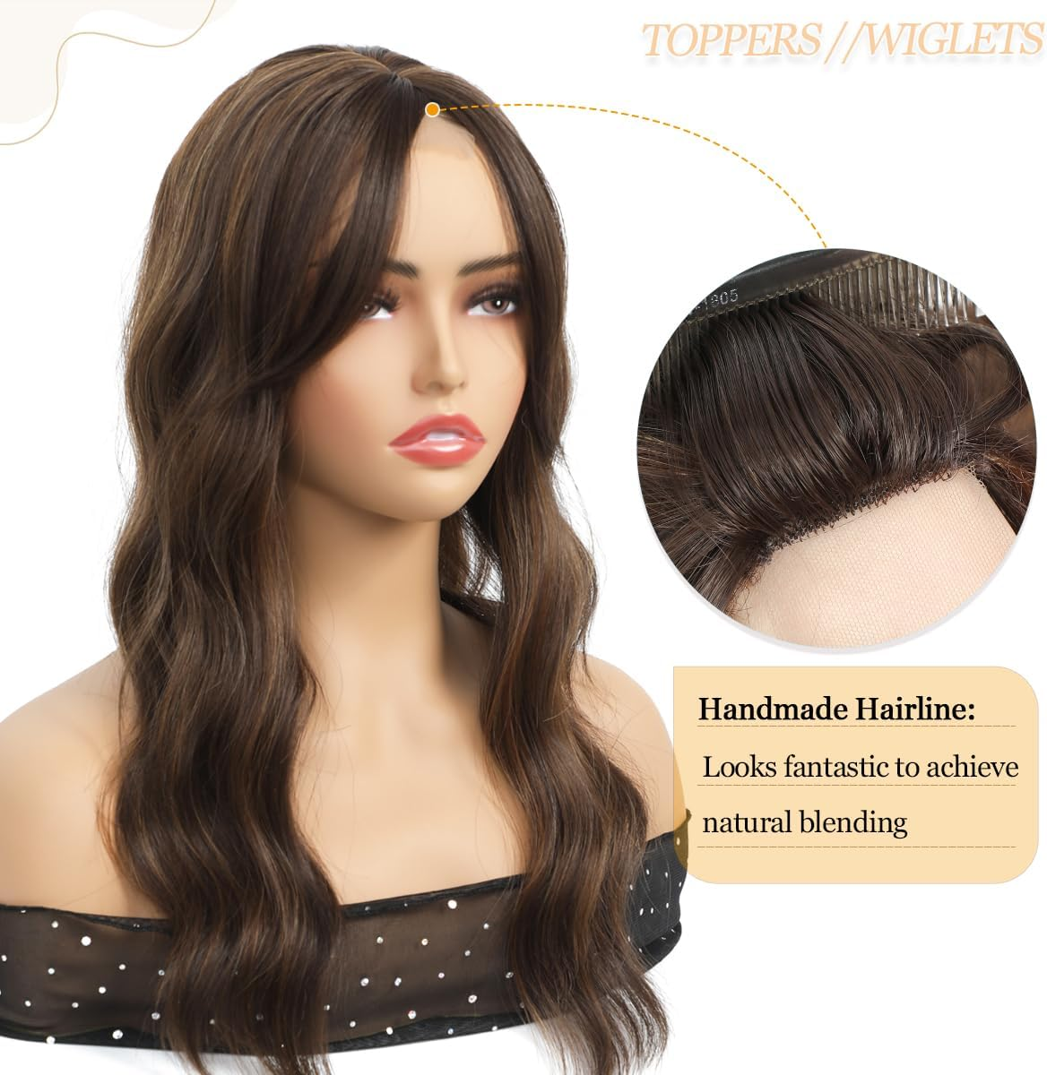 VEGALILY 20Inch Hair Topper, 7X7" Base Size Wavy Hair Topper for Women, Handmade Natural Hairline Hair Toppers Fake Hairpieces for Women (Brown with Highlights) - Gradual Brown image number 3