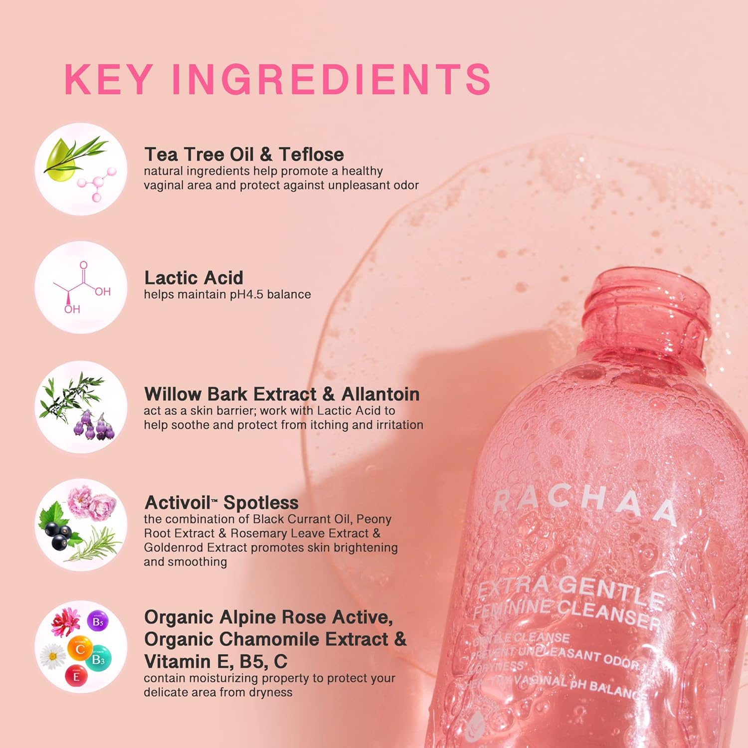 RACHAA Feminine Wash for Women - Gentle Daily Intimate Cleanser for Lightening, Moisturizing, Cleansing with Vitamin C, Tea Tree Oil & Lactic Acid - Sensitive, Hypoallergenic & Ph Balance, 6.76 Fl.Oz