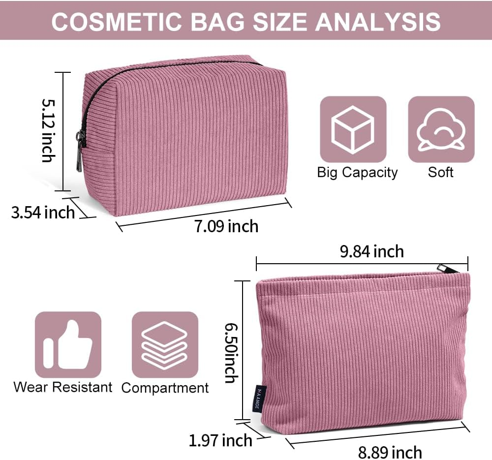 MAANGE 2 Pcs Cosmetic Bag, Travel Makeup Bag Makeup Pouch Corduroy Portable Versatile Zipper Pouch Make up Bag for Women (Red image number 4
